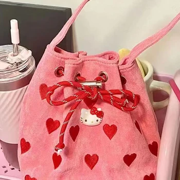Aranyos Sanrio Hello Kitty Vödör Táska Rózsaszín Aranyos Szív Alakú Hímzett Édes Lány Divat Az Egységes Válltáska