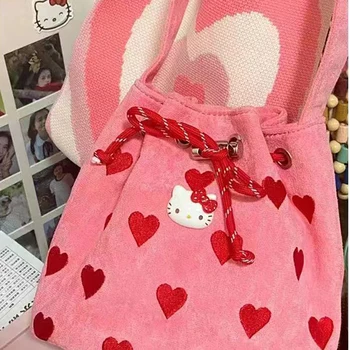 Aranyos Sanrio Hello Kitty Vödör Táska Rózsaszín Aranyos Szív Alakú Hímzett Édes Lány Divat Az Egységes Válltáska