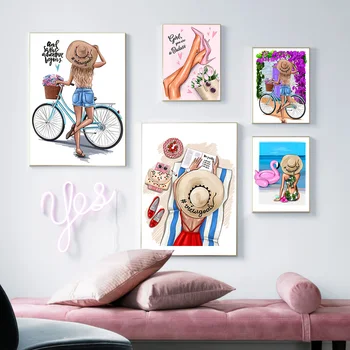 Divat Illusztráció Lány Kerékpár Wall Art Vászon Festmény Északi Poszterek, Nyomatok, Nyári Stílusú Képek Nappali