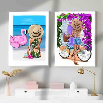 Divat Illusztráció Lány Kerékpár Wall Art Vászon Festmény Északi Poszterek, Nyomatok, Nyári Stílusú Képek Nappali
