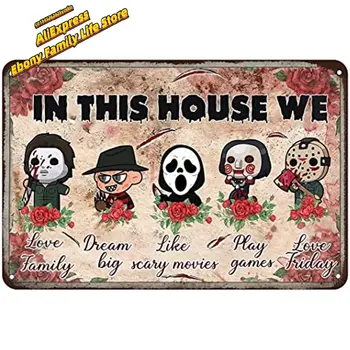 Ebben A Házban Szeretjük Péntek Horror Karakterek,Vicces,Üdv,Retro Wall Art Jel Halloween Dekoráció Fürdőszoba Decor Vintage