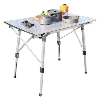 Kerti Összecsukható, Hordozható Piknik Kemping Asztal, Alumínium Lábak Állítható Magasság, Roll-Up Table Top Hálós Réteg