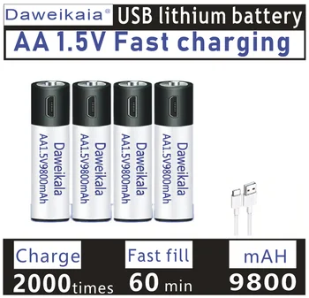 USB Magas kapacitás 1,5 V AA 9800 mWh újratölthető li-ion akkumulátor, távirányító, egér, kis ventilátor, Elektromos játék akkumulátor + Kábel